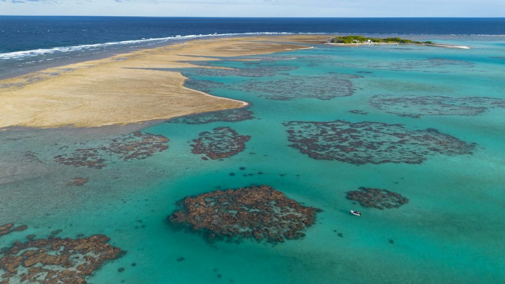 Crystal clear lagoon protected by coral reefs in Mauritius