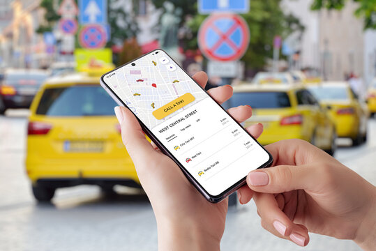 taxi online booking app interface showing map and available cars